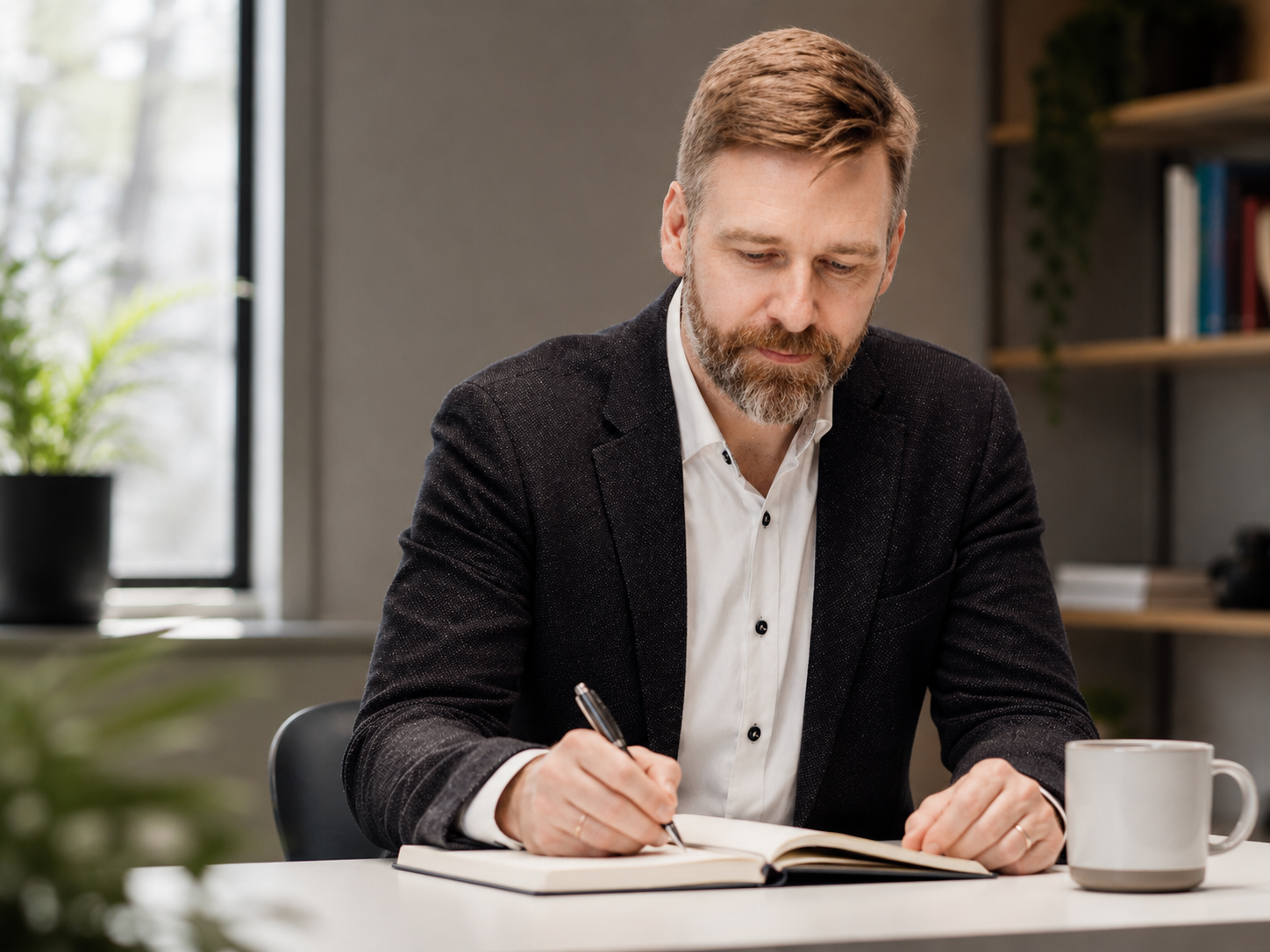 Örnolfur skriver i en notatbok ved arbeidsbordet